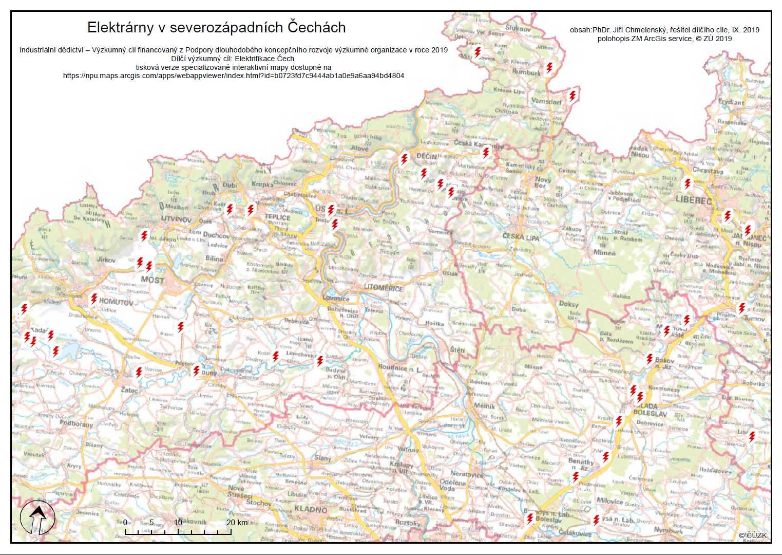 Mapa elektráren severozápadních Čech s odborným obsahem